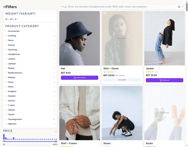 FilterOrbit screenshot: Storefront filters with price histogram and AI search
