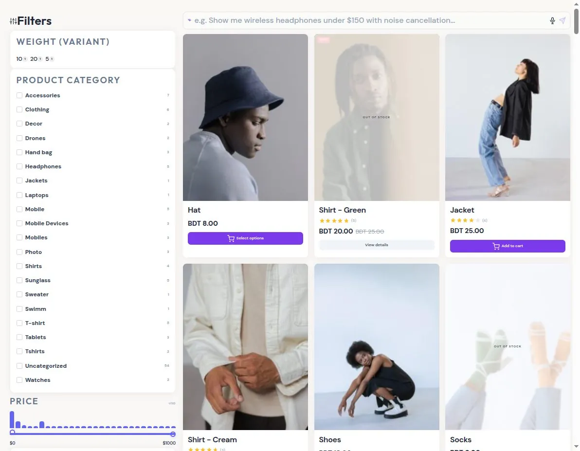 Storefront filters with price histogram and AI search.