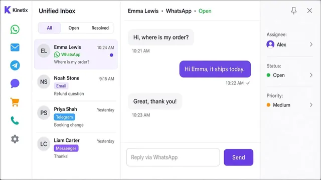 Kinetix Messaging by Ppros screenshot: Shared inbox with conversations from every channel